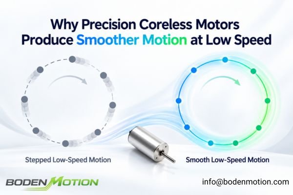 Precision coreless motor comparison showing smoother low speed motion with reduced stepping and speed variation