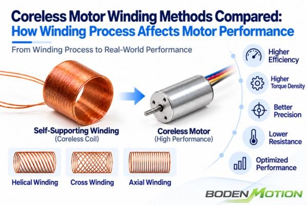 Coreless motor winding methods compared showing self-supporting coil geometries and how winding process affects motor performance