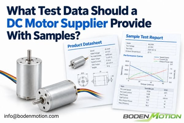 DC motor supplier sample data package showing motor samples product datasheet and sample test report
