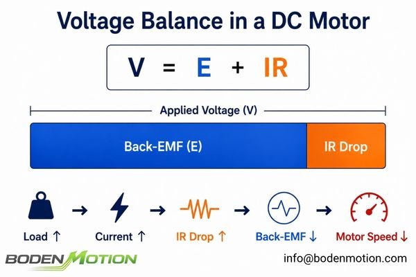 A diagram showing applied voltage being split between back-EMF and the IR voltage drop.