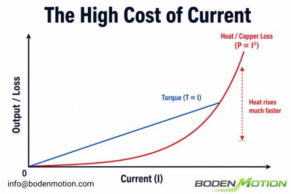 Motor Torque vs. Copper Loss from Current A graph showing motor torque increasing approximately in proportion to current within the linear operating range, while copper loss rises quadratically.