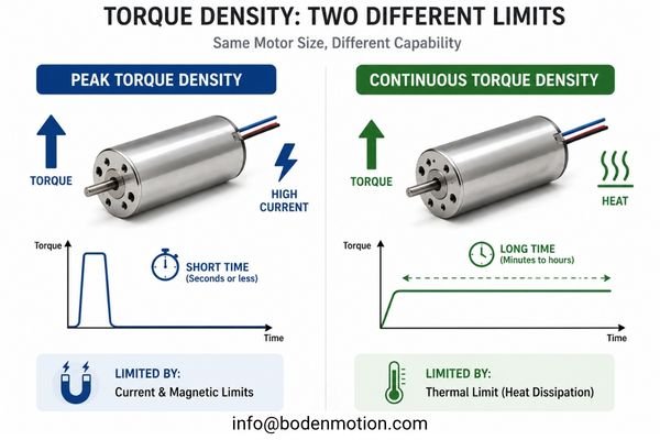 Peak vs Continuous Torque Density A diagram comparing peak torque density and continuous torque density as two distinct engineering concepts.