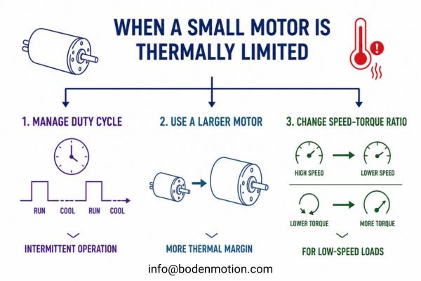 High-Torque Motor System Decisions A flowchart showing three engineering paths: manage duty cycle, use a larger motor, or add a gearbox.