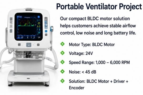 Portable ventilator system using compact BLDC motor solution for stable airflow control and low-noise operation